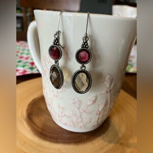 Vintage Silver Dangle Earrings with Red and Brown Accents– BOGO FREE Jewelry Dea